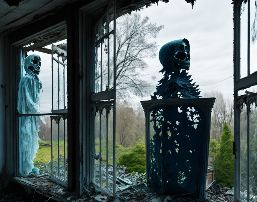 Abandoned room with skeletal figure in blue overlooking bleak landscape