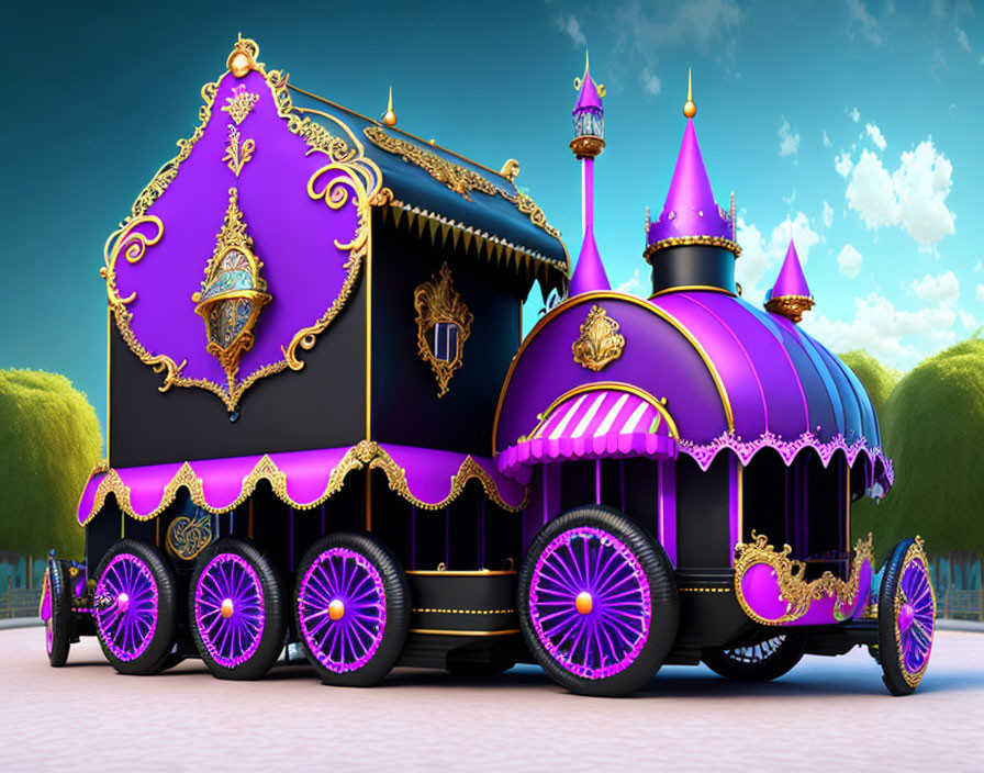 Ornate Purple and Gold Carriage Against Blue Sky and Green Trees