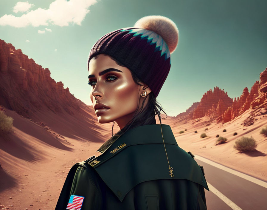 Digitally created woman with striking makeup in colorful beanie and military-style jacket in desert with red rock