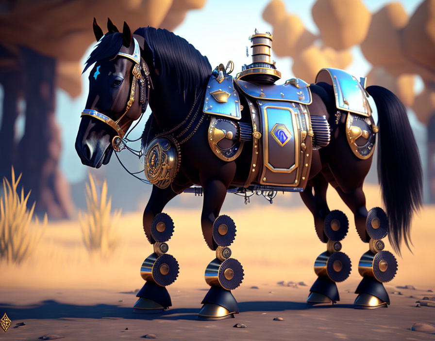 Steampunk mechanical horse with gear-driven limbs in desert scenery