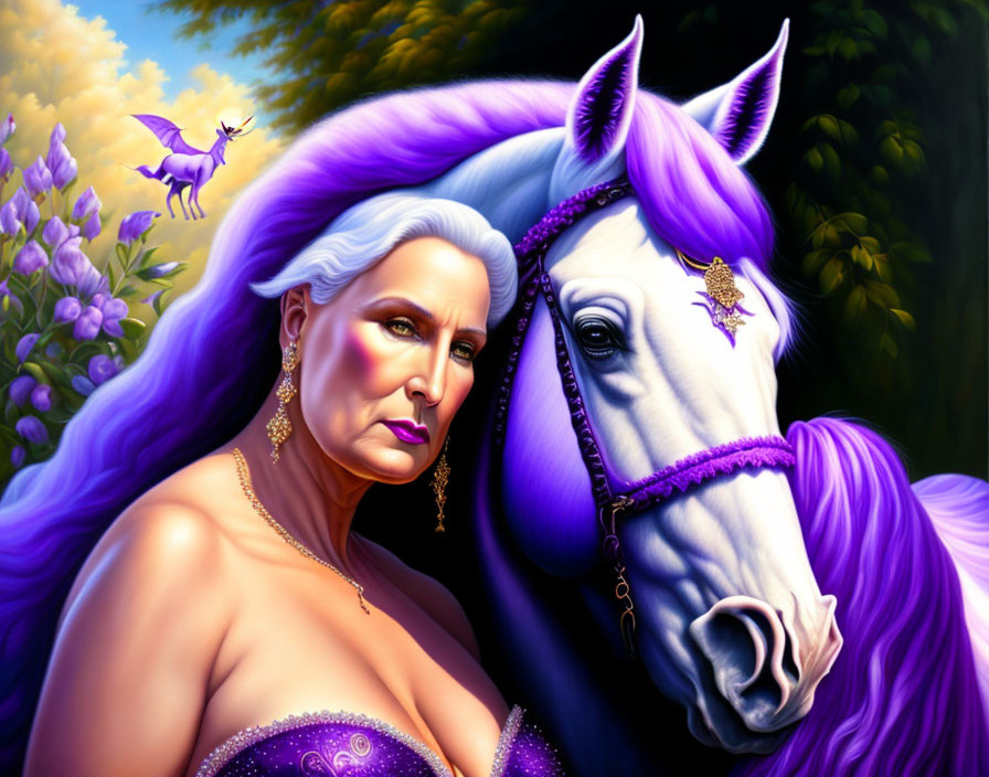 Illustration of woman with silver hair, purple horse, and fairy in floral setting