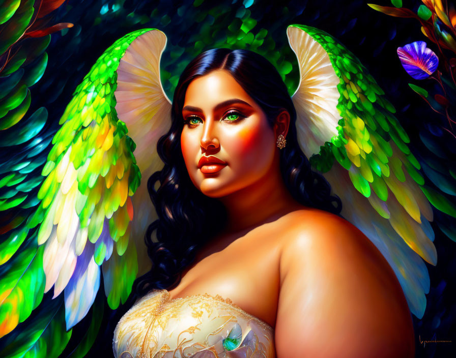 Colorful painting of woman with butterfly wings and golden dress.