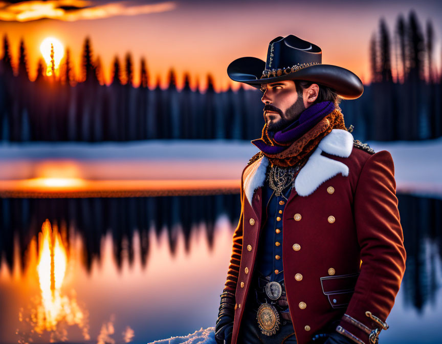 Man in military-style jacket and cowboy hat by lake at sunset with trees and sun reflection.