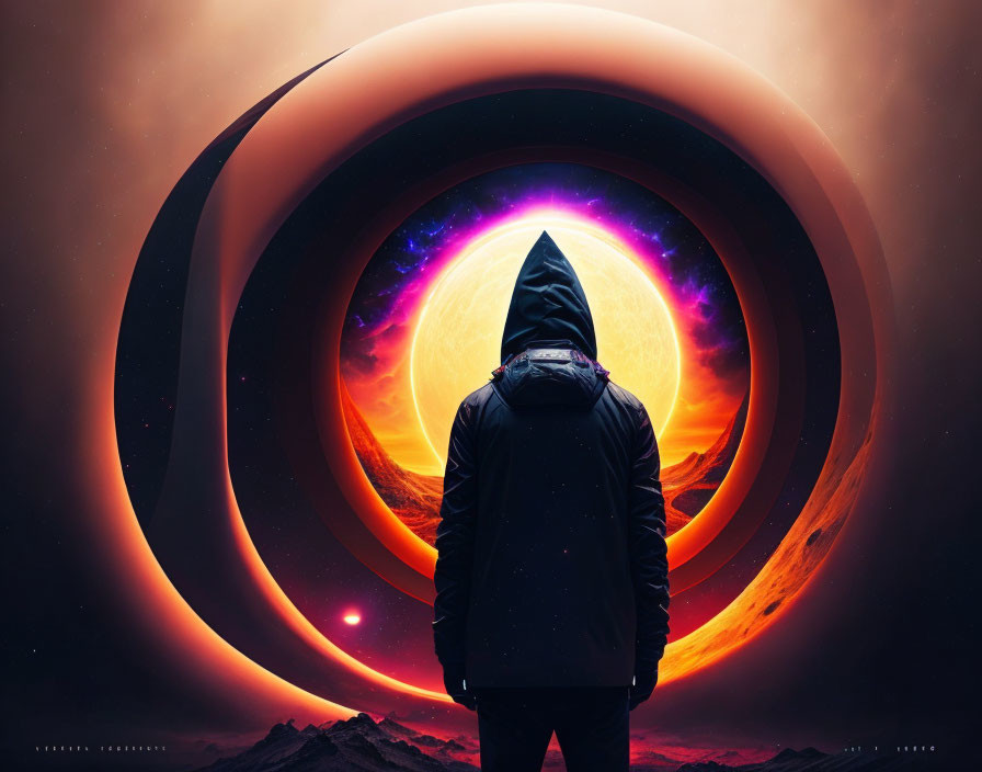 Hooded figure in surreal cosmic landscape with giant rings and vibrant sun