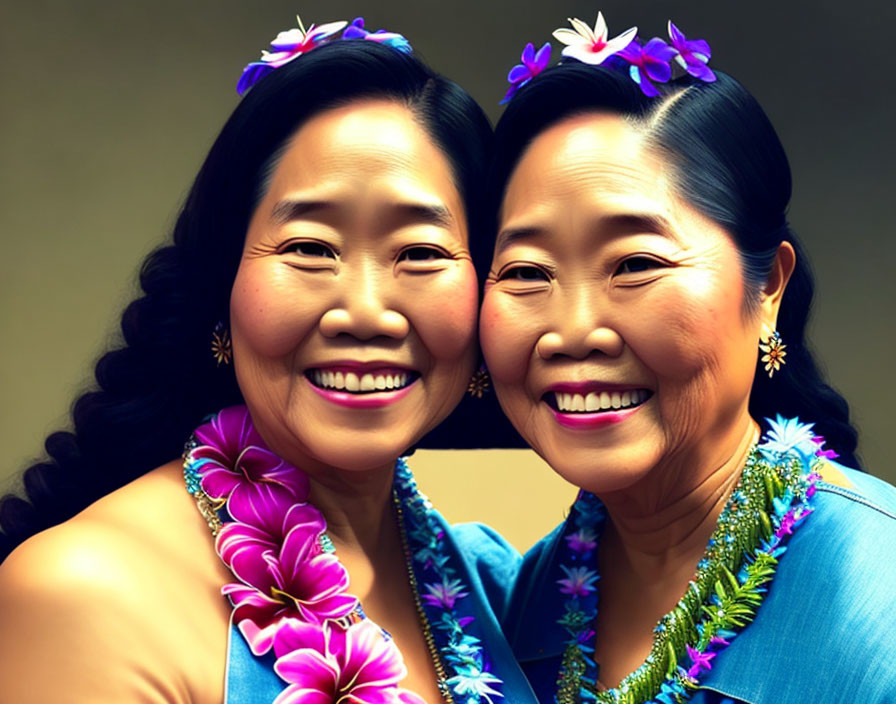 Two women in purple floral headpieces and lei necklaces, dressed in blue outfits