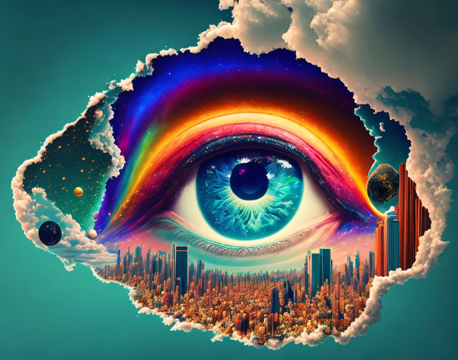 Surreal eye with cityscape, celestial bodies, rainbow, cloud-bordered island