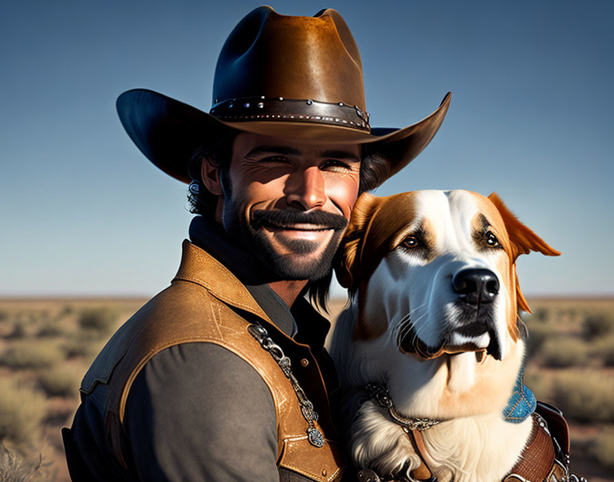 Smiling man in cowboy attire with dog in desert landscape