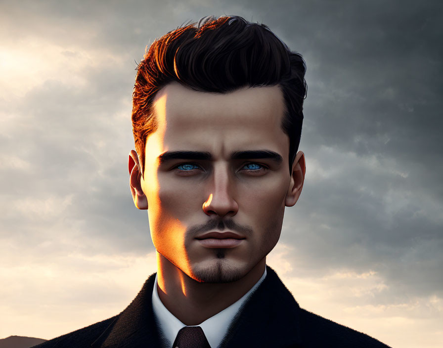 Stylized digital portrait of a man in suit with dark hair and blue eyes