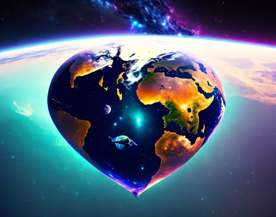 Heart-shaped Earth from space with cosmic background, stars, satellite, and galaxy