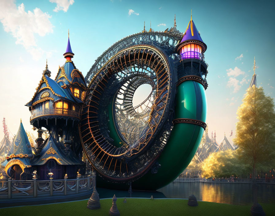 Fantasy castle with ornate spires and loop structure by serene lake