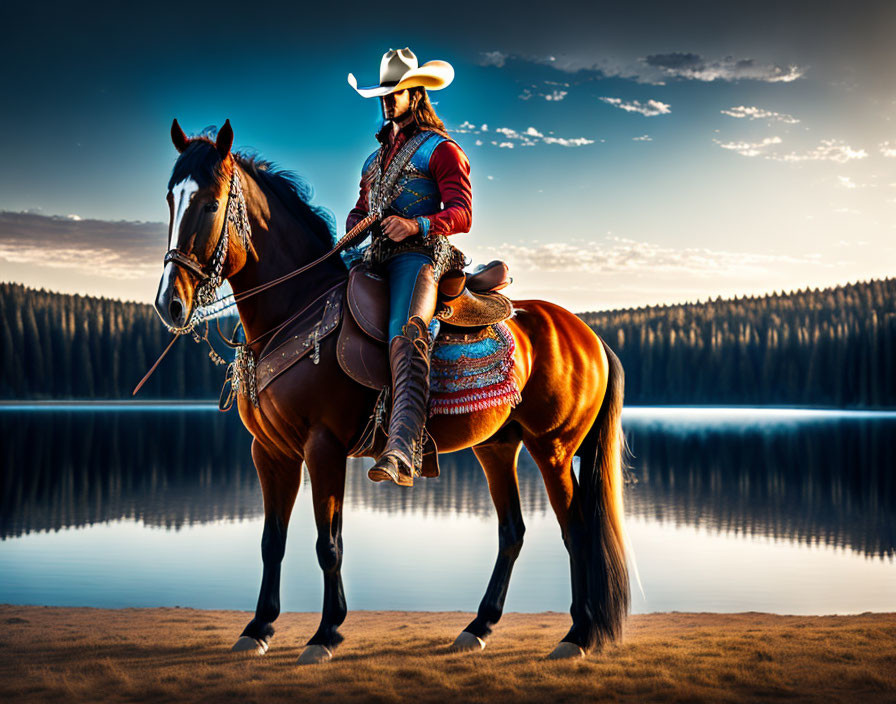 Cowboy on horse at twilight by lake with forest background.