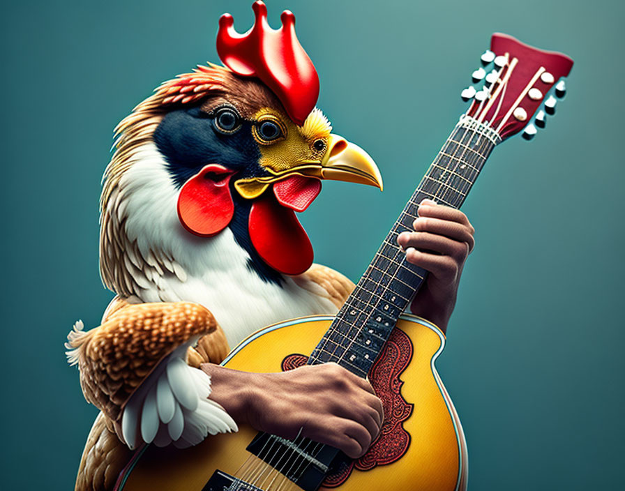 Surreal rooster with human hands playing guitar on teal background