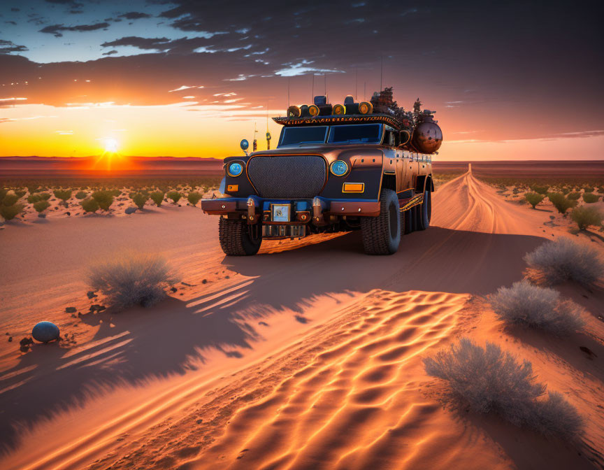 Custom truck drives on desert road at sunset with long shadows and clear skies.