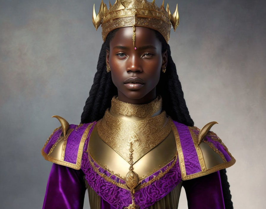 Regal woman in golden crown and armor, purple and gold attire