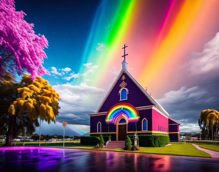 Colorful purple church with rainbow under dramatic sky