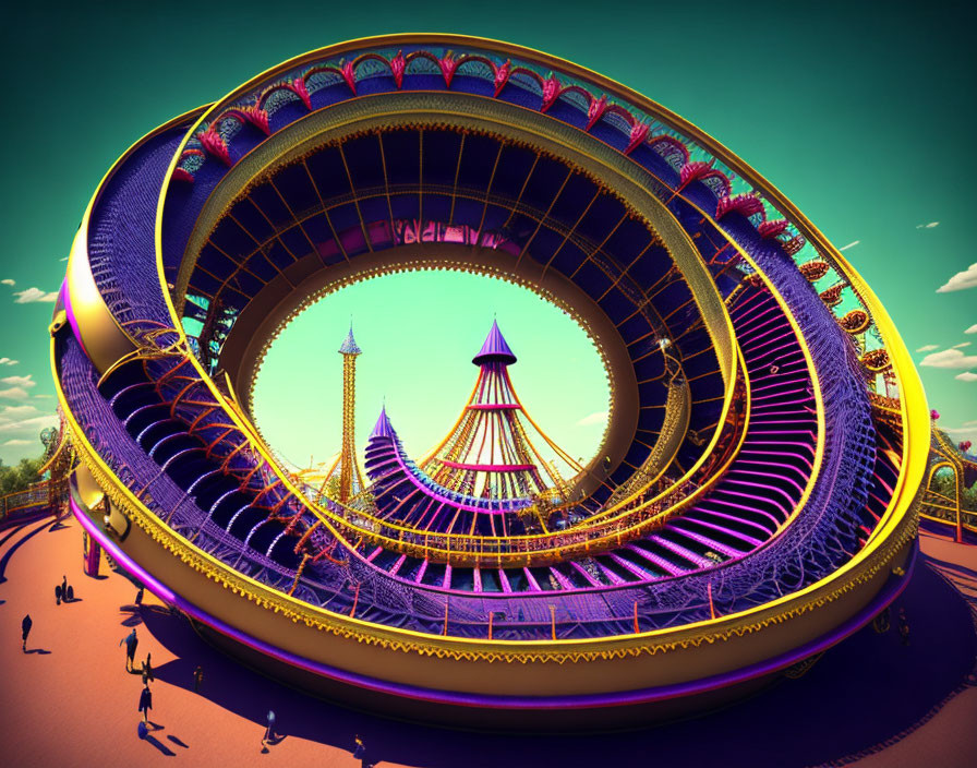 Vibrant surreal roller coaster track loop with amusement park backdrop