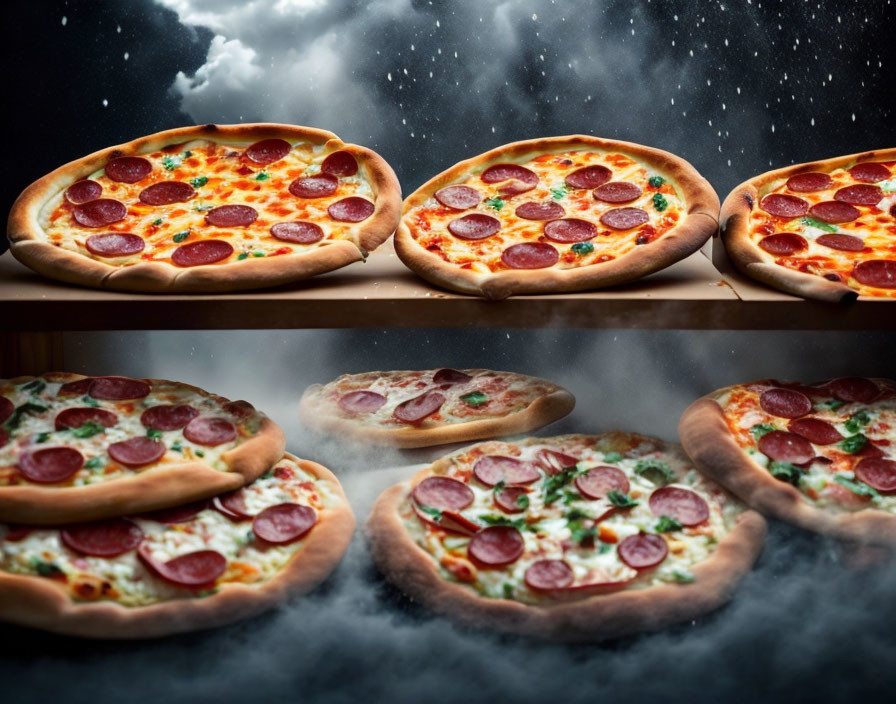 Four Pepperoni Pizzas with Steam Against Starry Space Backdrop