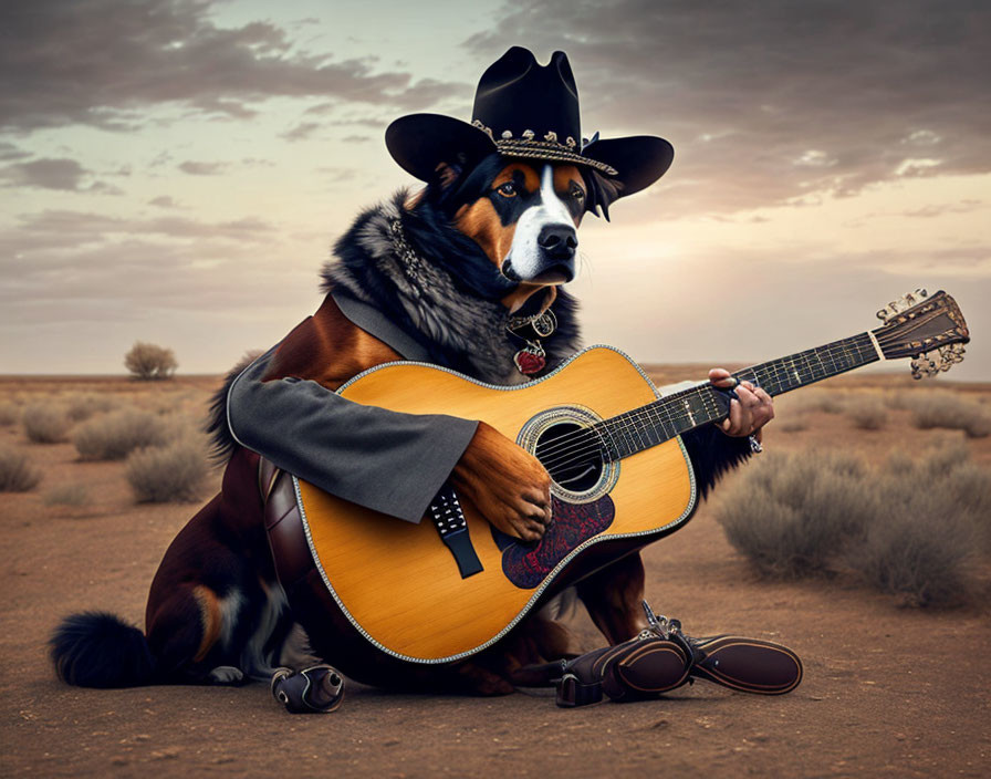 Dog in cowboy attire with guitar in desert landscape