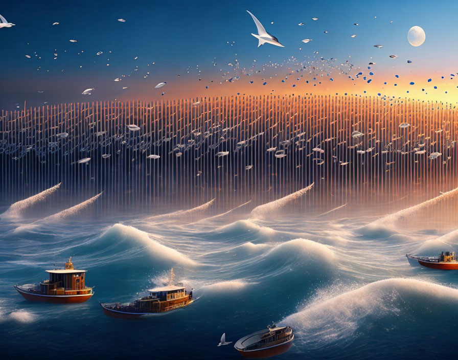 Boats in high waves under orange sky with moon and birds