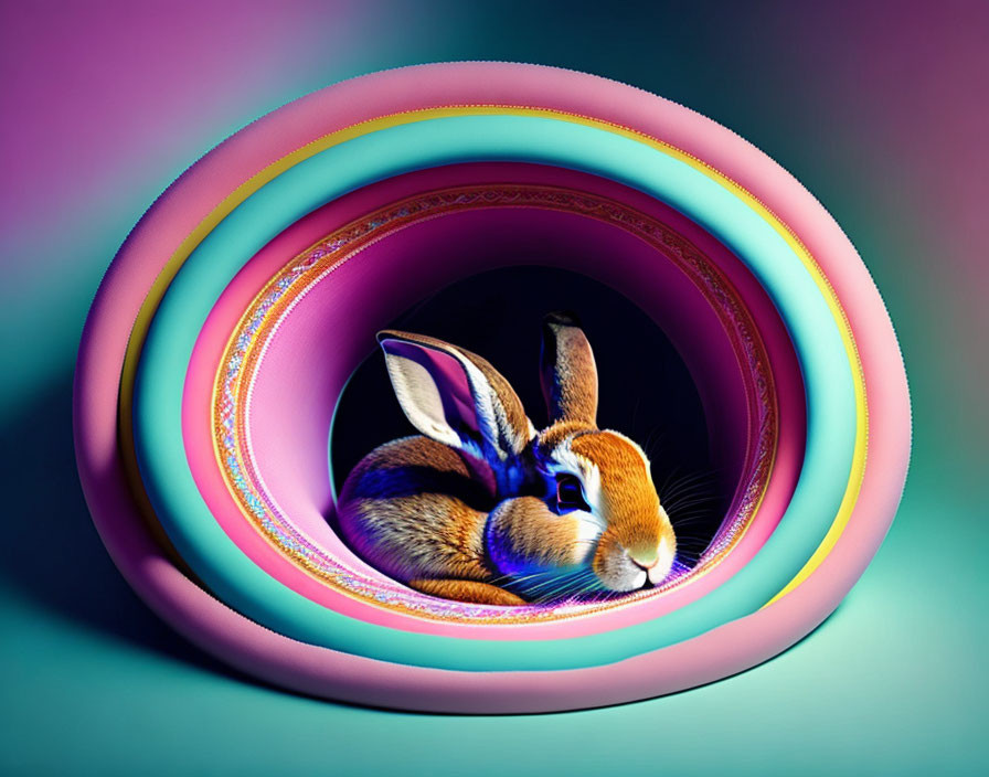 Rabbit in Multicolored Glowing Rings on Teal Background