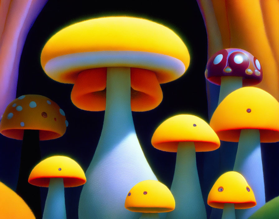 Colorful Stylized Mushroom Art in Orange and Blue Tones