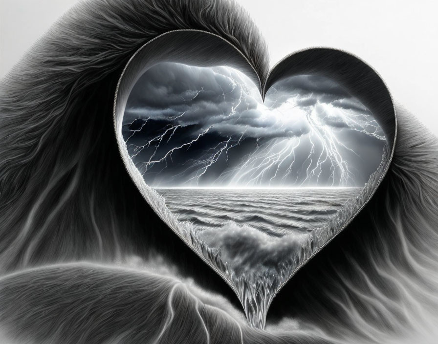 Monochromatic heart-shaped aperture with stormy sea and lightning-filled skies