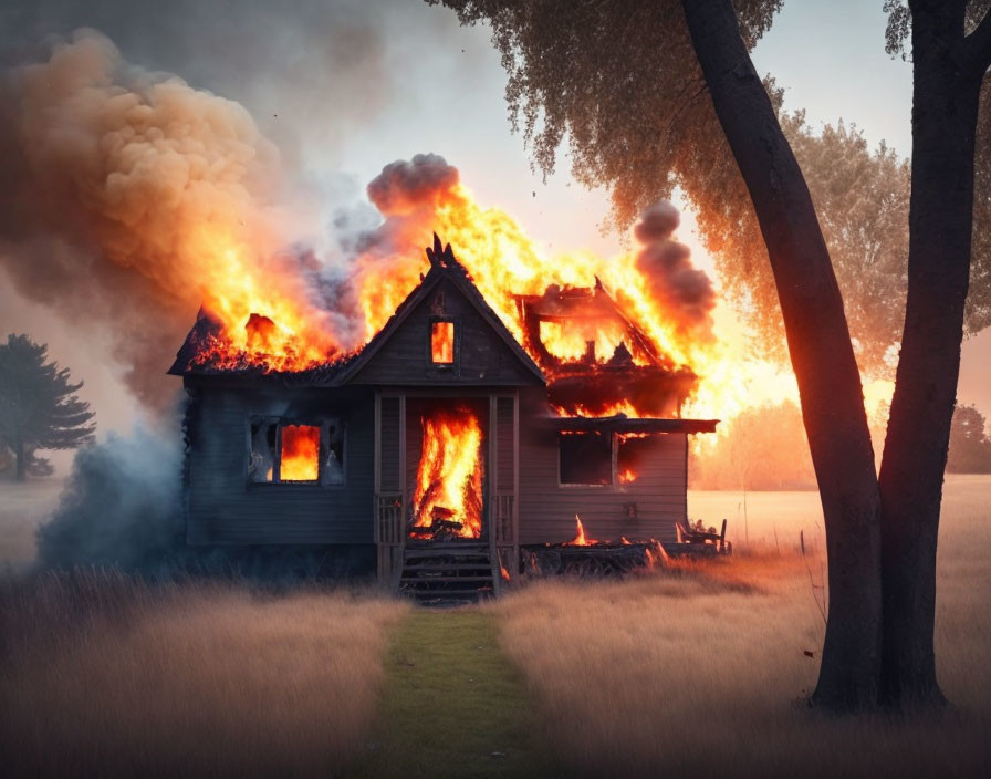 Wooden House Engulfed in Flames Surrounded by Trees and Field