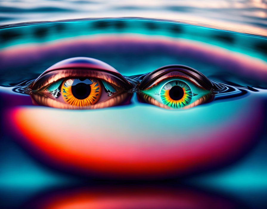 Vividly colored human eyes in surreal water reflection