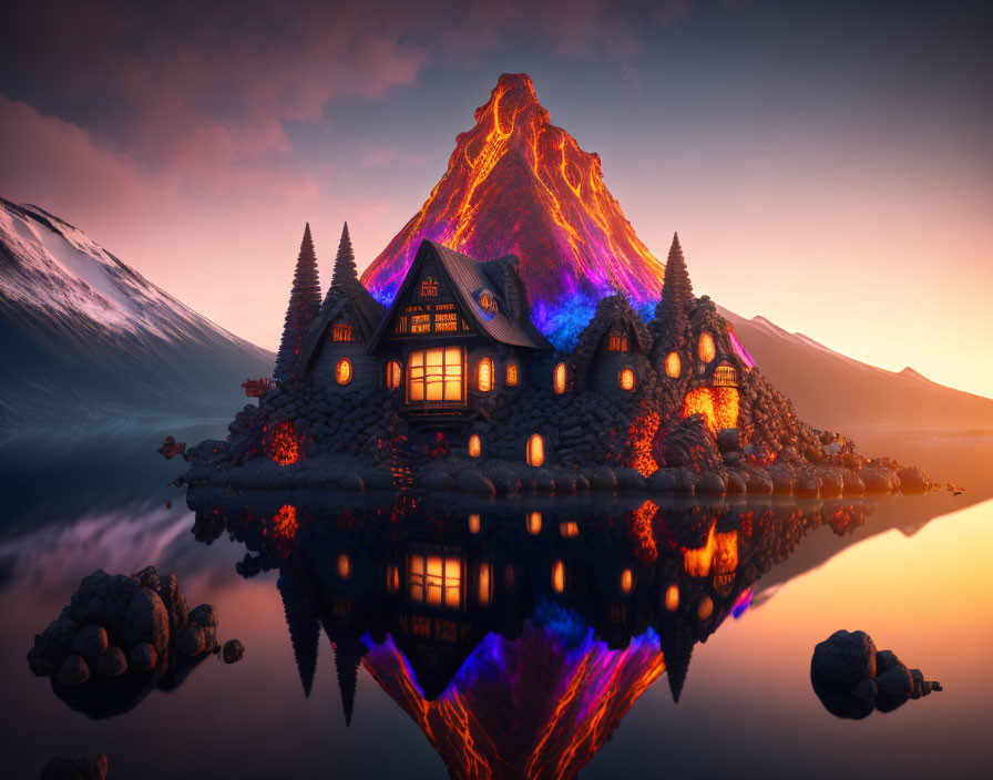 Fantasy house with lava-flow roof on islet at dusk, mountain backdrop