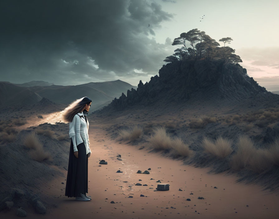 Woman standing in surreal landscape with lone tree-topped hillock.