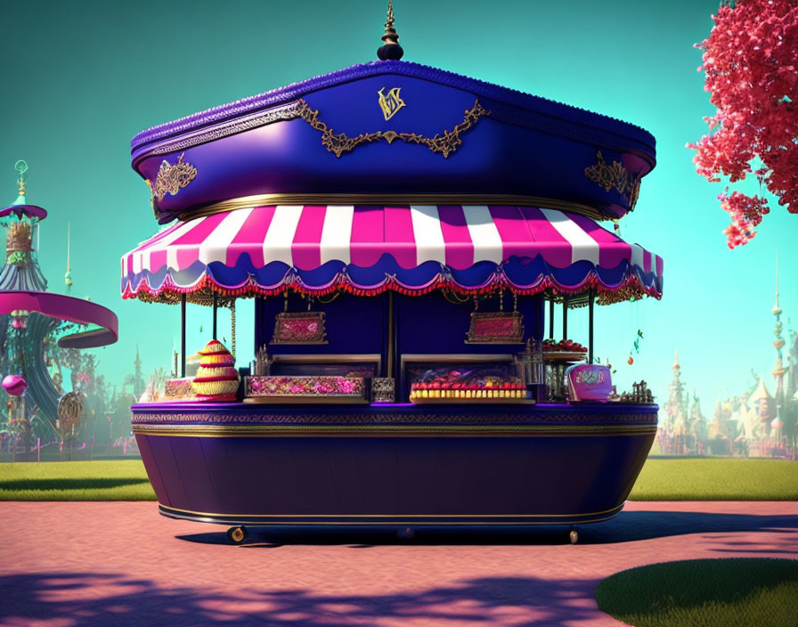 Vibrant purple and pink 3D-rendered kiosk in fantastical park