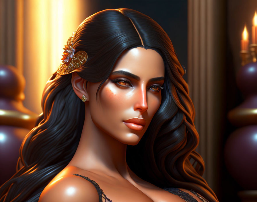 Digital Artwork: Woman with Glossy Dark Hair and Gold Adornments