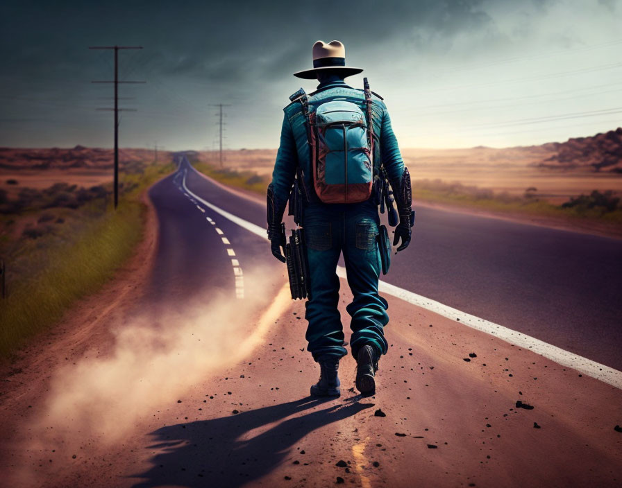 Cowboy hat person walking on deserted road at dusk