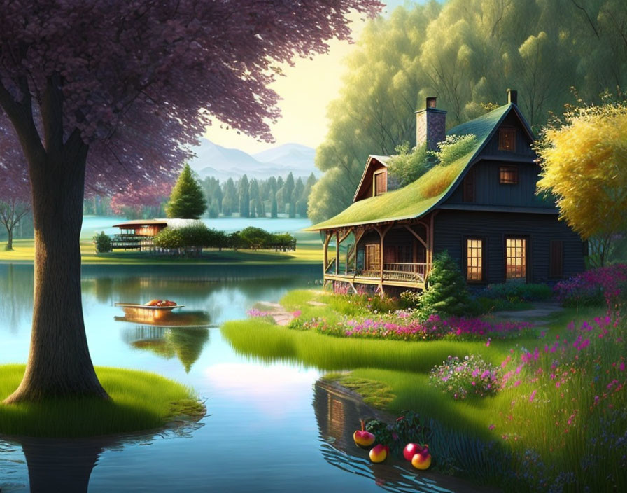 Tranquil lake scene with cozy cottage and lush surroundings