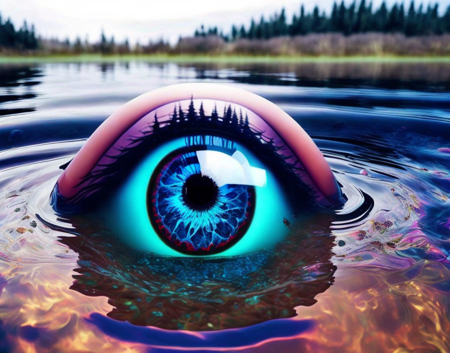 Surreal image: Large human eye with vibrant blue iris on water surface