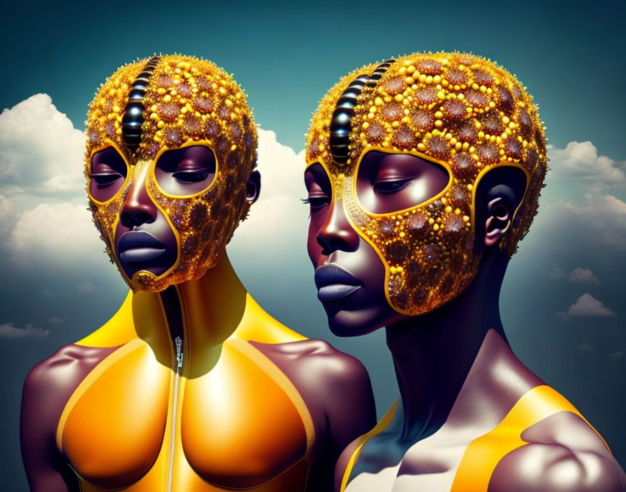 Symmetrical figures in golden masks pose against cloudy sky