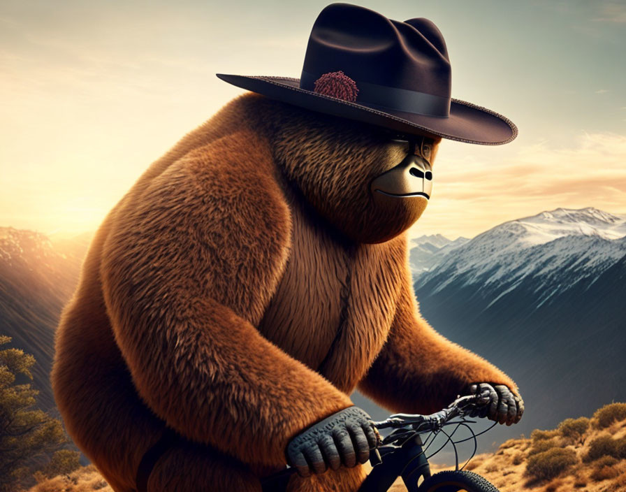 Stylized gorilla in hat and sunglasses rides mountain bike in scenic landscape