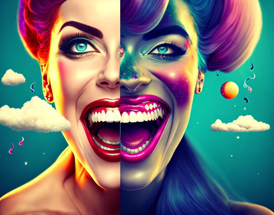 Split image of stylized woman's face with bright makeup, one side normal and the other cosmic with