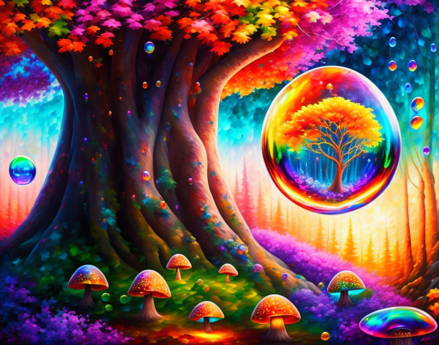 Colorful Fantasy Forest with Glowing Mushrooms & Floating Bubbles