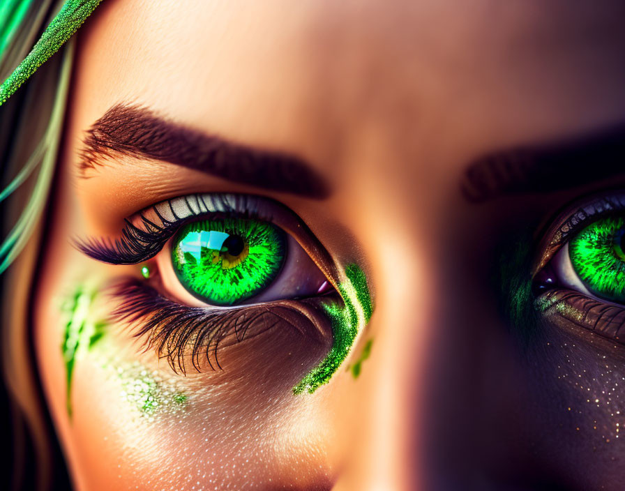 Vivid green eyes with sparkling makeup and shamrock designs for St. Patrick's Day