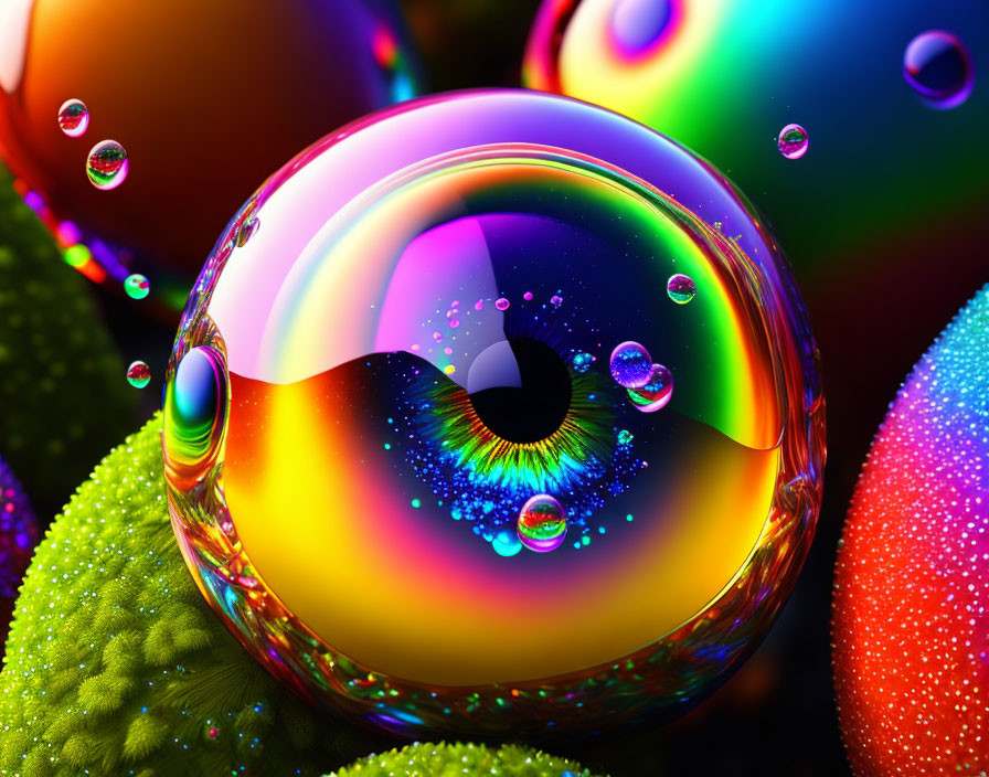 Vibrant spherical objects with reflective surfaces and droplets, displaying a variety of colors and patterns for