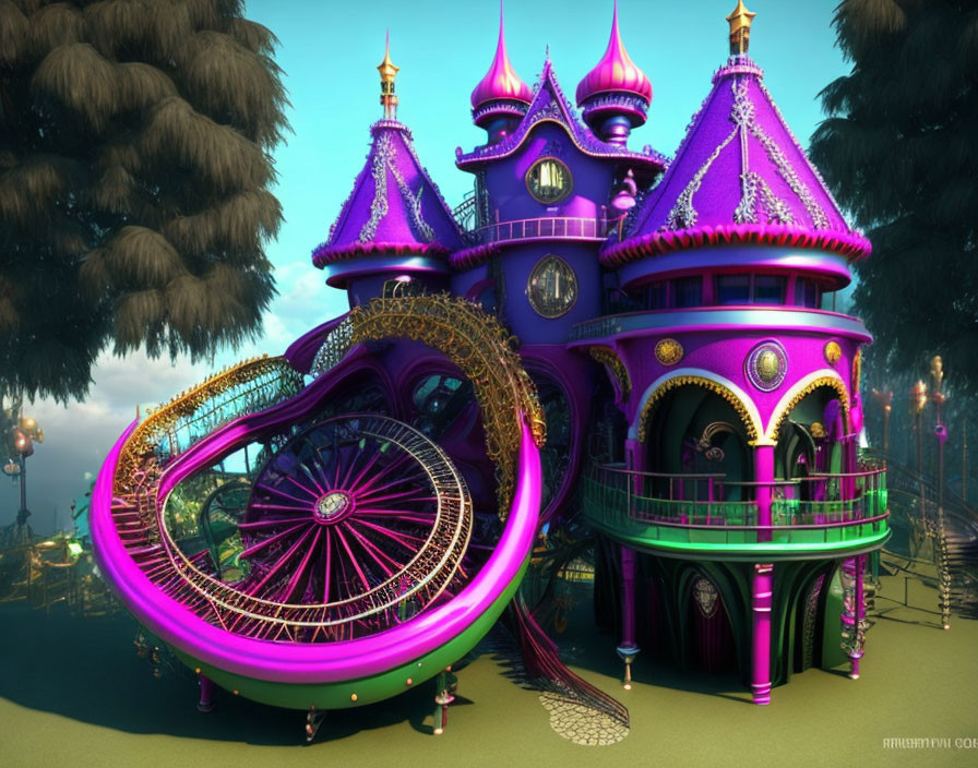 Violet castle with heart-shaped ferris wheel in lush green landscape