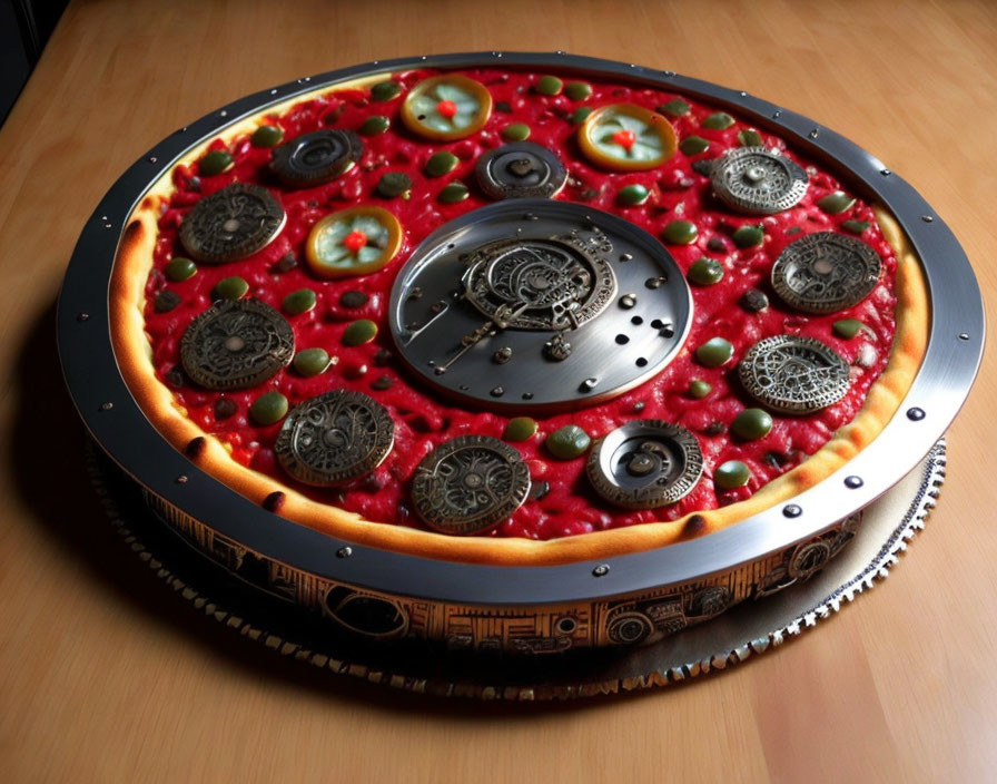 Pizza-themed Wall Clock with Pepperoni, Olives, Cheese, and Peppers