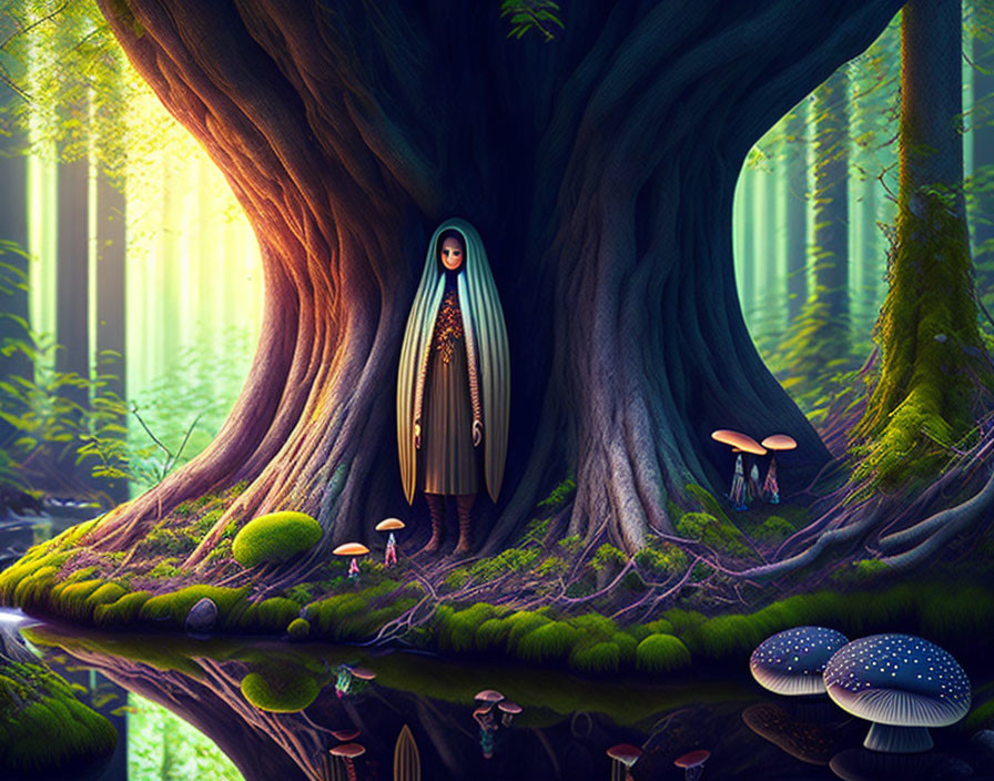 Enchanted forest with cloaked figure in hollow tree