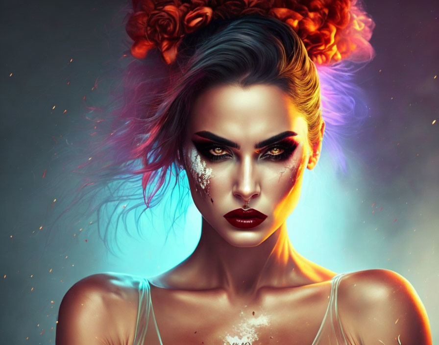 Colorful digital artwork: Woman with vibrant makeup and flowers in flowing hair