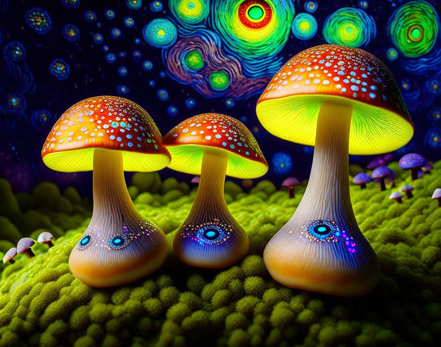 Colorful stylized mushrooms on neon landscape with abstract patterns