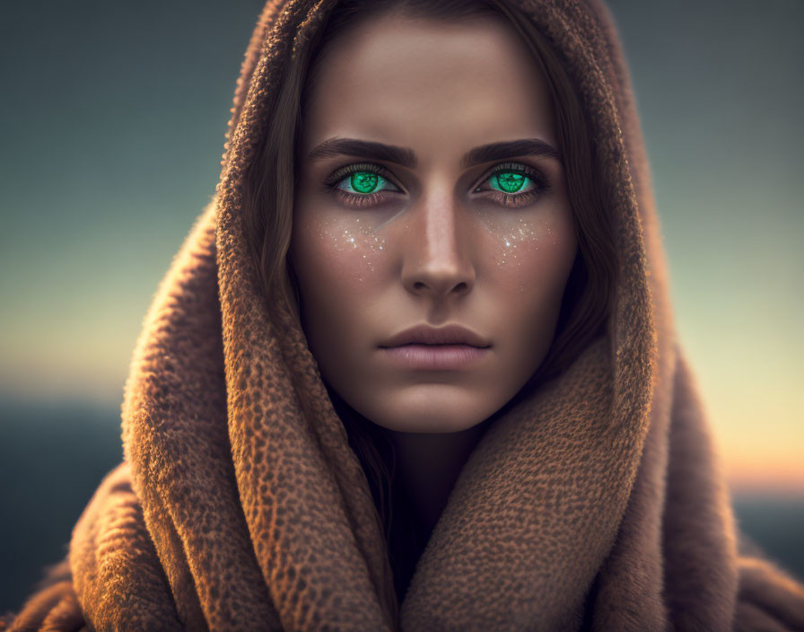 Person with Green Eyes in Brown Hooded Cloak and Freckles on Soft-Focused Background