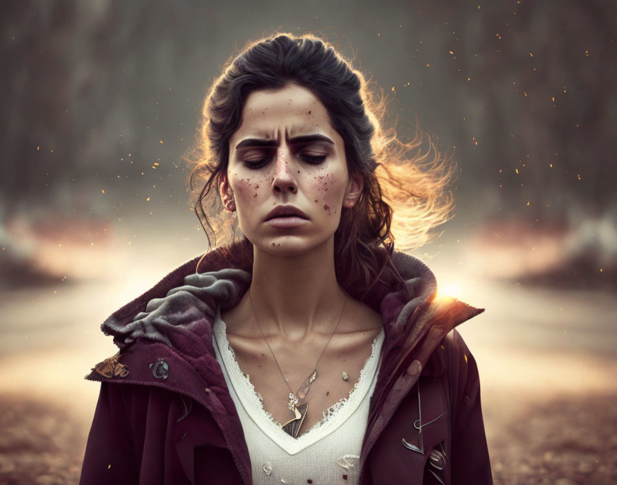 Freckled woman in white top and burgundy jacket with intense gaze in dim setting