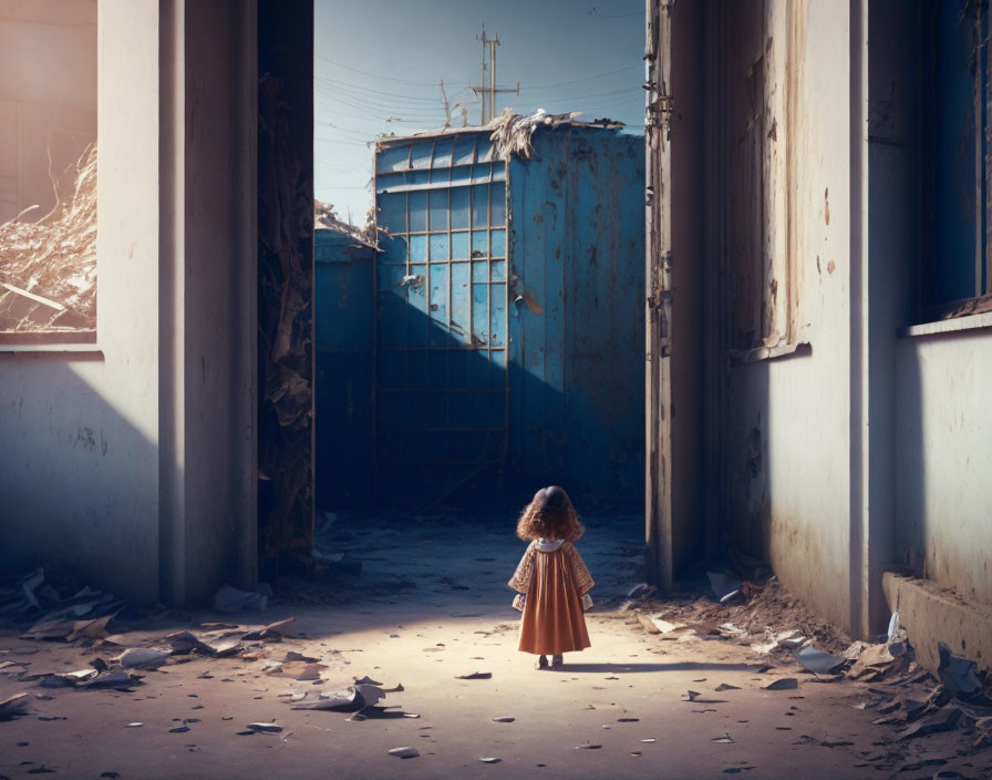 Lonely child in ruins gazes at blue structure under somber sky