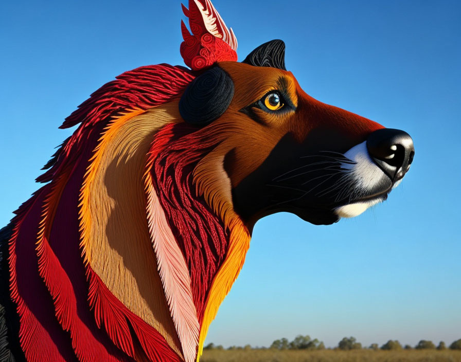 Colorful Stylized Fox Illustration with Feather Patterns on Blue Sky